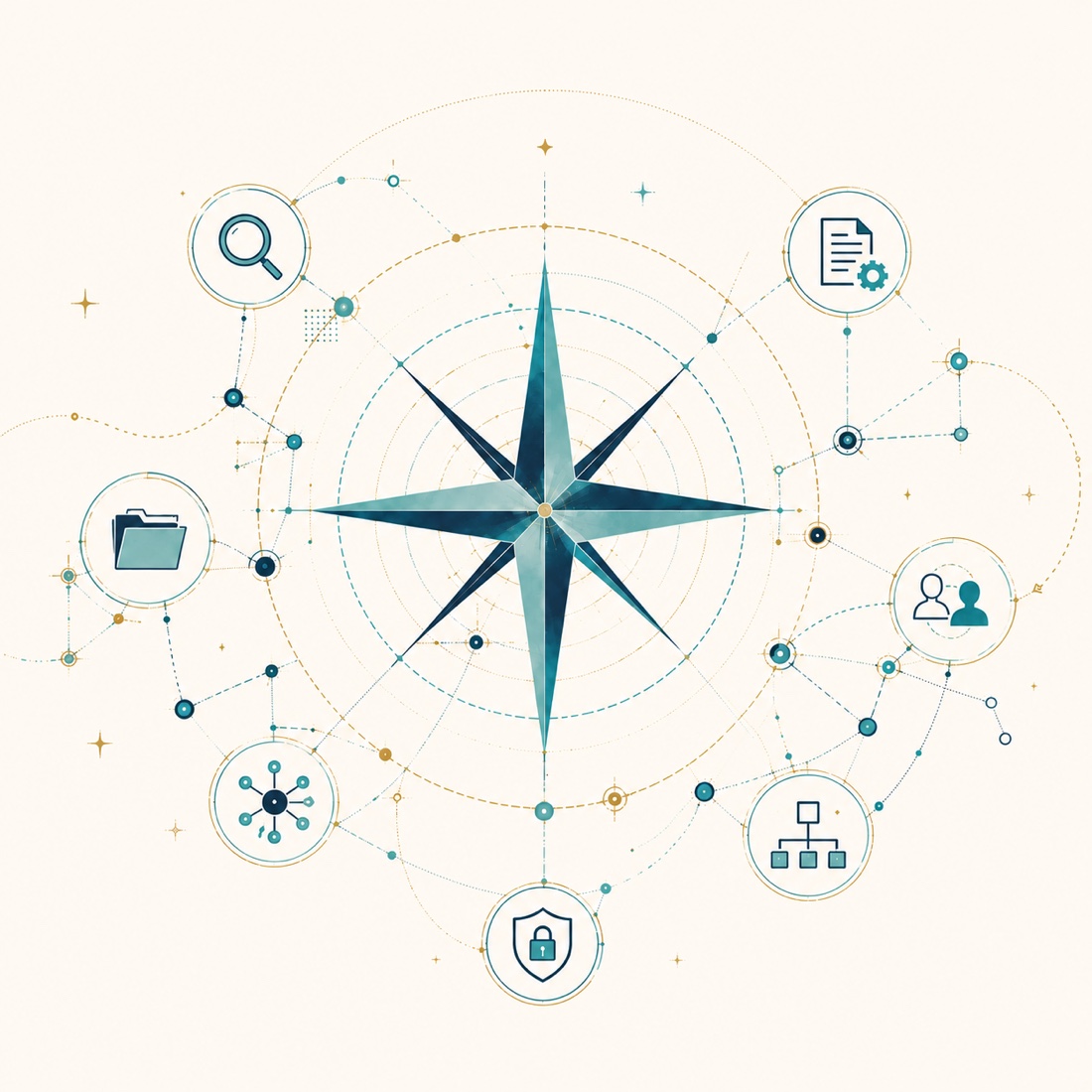 Compass star connected to knowledge-system icons: search, documents, people, structure, security, and data
